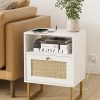 WF4956MAX_4 Masupu Rattan Nightstand with Charging Station,Modern Boho Farmhouse Wood Bedside Table with Storage Drawer and Open Shelf,Small Gold Frame Side End Table for Bedroom,Living Room,Office White