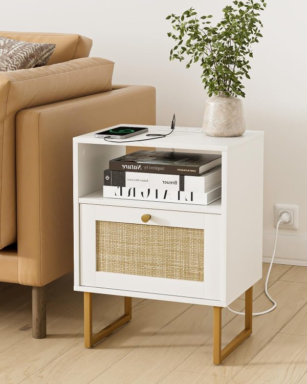 WF4956MAX_4 Masupu Rattan Nightstand with Charging Station,Modern Boho Farmhouse Wood Bedside Table with Storage Drawer and Open Shelf,Small Gold Frame Side End Table for Bedroom,Living Room,Office White