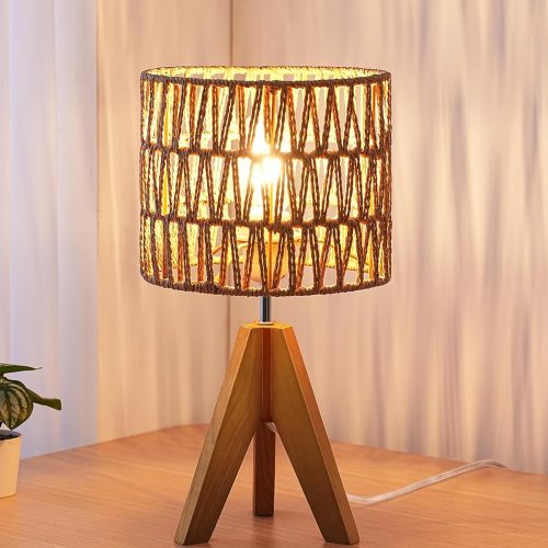 WF4977MAX_1 EDISHINE Rattan Small Table Lamp, Boho Nightstand Lamp, 14.2", E26 Base | Natural Style, Wood Tripod Base, Rosewood Color & W-Pattern Shade, Bedside Lamp for Living Room, End Table, Office