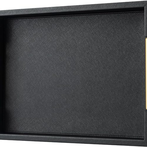 WF5229MAX_1 Black Rectangle Serving Tray with Gold Handles for Party,Large Wood Decorative Tray for Ottoman,Faux Leather Coffee Table Tray Decor