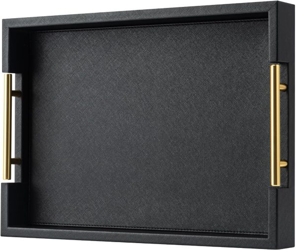 WF5229MAX_1 Black Rectangle Serving Tray with Gold Handles for Party,Large Wood Decorative Tray for Ottoman,Faux Leather Coffee Table Tray Decor