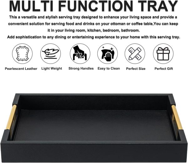 WF5229MAX_3 Black Rectangle Serving Tray with Gold Handles for Party,Large Wood Decorative Tray for Ottoman,Faux Leather Coffee Table Tray Decor