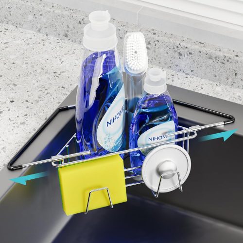 NiHome Sponge Holder for Kitchen Sink, Adjustable Corner Caddy, Silver | Rustproof 304 Stainless Steel Storage with Extendable Arms and Open Drainage for Rapid Drying of Brushes and Soap Bars