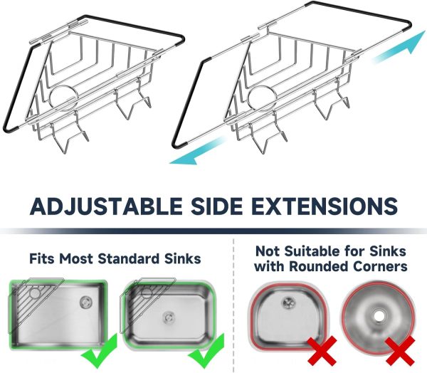 WF5289MAX_2 NiHome Sponge Holder for Kitchen Sink, Adjustable Corner Caddy, Silver | Rustproof 304 Stainless Steel Storage with Extendable Arms and Open Drainage for Rapid Drying of Brushes and Soap Bars