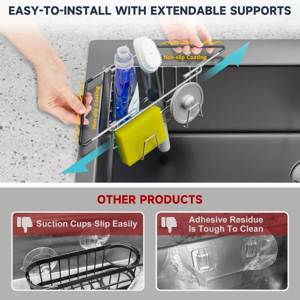 WF5289MAX_3 NiHome Sponge Holder for Kitchen Sink, Adjustable Corner Caddy, Silver | Rustproof 304 Stainless Steel Storage with Extendable Arms and Open Drainage for Rapid Drying of Brushes and Soap Bars