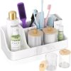 WF5301MAX_1 Marble Bathroom Countertop Organizer - Silicone Bathroom Vanity Countertop Organizer - Tooth Brush Organizer With 2PCS Qtip Holder Dispenser - Toothpaste Holder Drainage - Bathroom Essentials