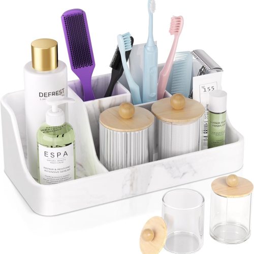 WF5301MAX_1 Marble Bathroom Countertop Organizer - Silicone Bathroom Vanity Countertop Organizer - Tooth Brush Organizer With 2PCS Qtip Holder Dispenser - Toothpaste Holder Drainage - Bathroom Essentials