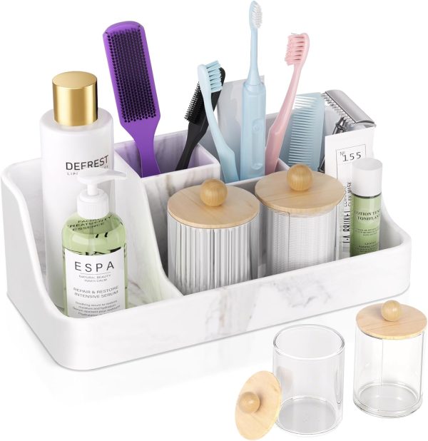 WF5301MAX_1 Marble Bathroom Countertop Organizer - Silicone Bathroom Vanity Countertop Organizer - Tooth Brush Organizer With 2PCS Qtip Holder Dispenser - Toothpaste Holder Drainage - Bathroom Essentials