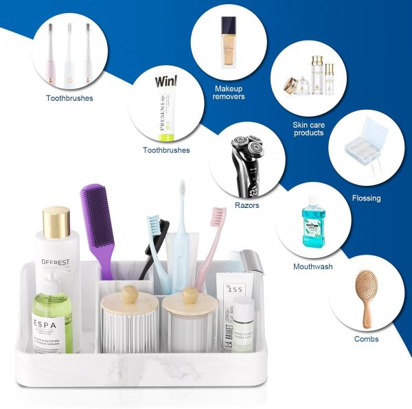 WF5301MAX_2 Marble Bathroom Countertop Organizer - Silicone Bathroom Vanity Countertop Organizer - Tooth Brush Organizer With 2PCS Qtip Holder Dispenser - Toothpaste Holder Drainage - Bathroom Essentials