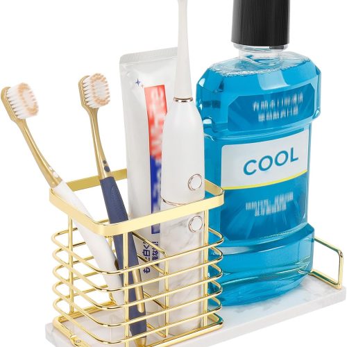 Toothbrush Holder, Luxurious Metal Toothbrush Toothpaste Holder with Marble Base for Bathroom, Multi-Slots Openwork Design, Bathroom Accessory for Storage and Organizer (Large, Gold)