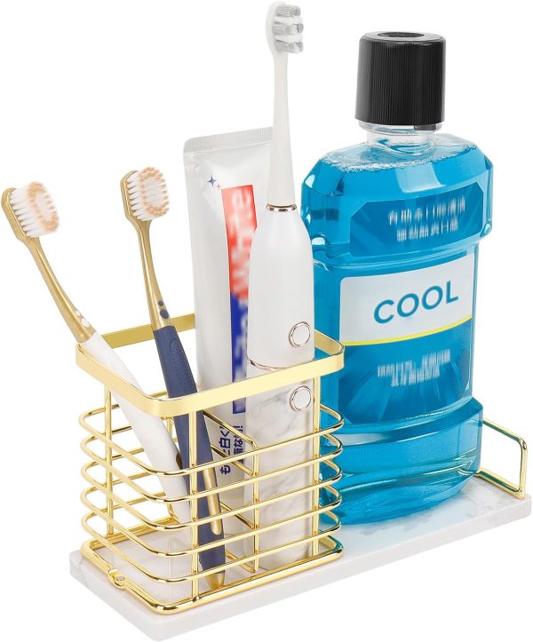 WF5320MAX_1 Toothbrush Holder, Luxurious Metal Toothbrush Toothpaste Holder with Marble Base for Bathroom, Multi-Slots Openwork Design, Bathroom Accessory for Storage and Organizer (Large, Gold)