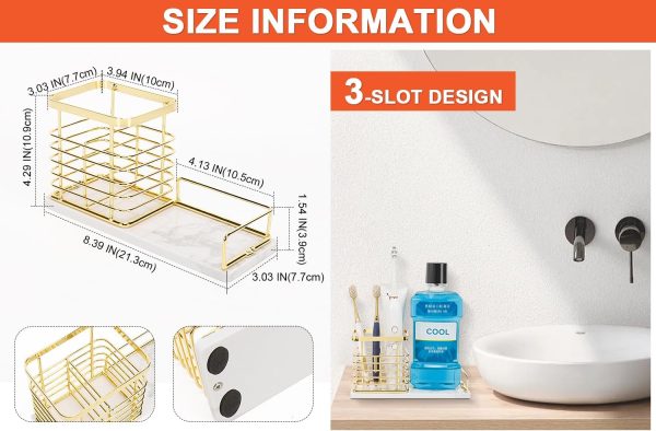 WF5320MAX_2 Toothbrush Holder, Luxurious Metal Toothbrush Toothpaste Holder with Marble Base for Bathroom, Multi-Slots Openwork Design, Bathroom Accessory for Storage and Organizer (Large, Gold)
