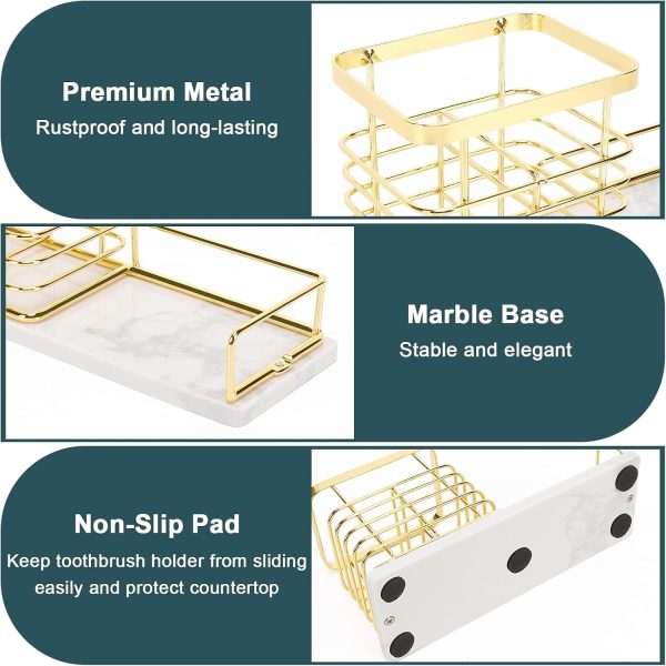 WF5320MAX_4 Toothbrush Holder, Luxurious Metal Toothbrush Toothpaste Holder with Marble Base for Bathroom, Multi-Slots Openwork Design, Bathroom Accessory for Storage and Organizer (Large, Gold)