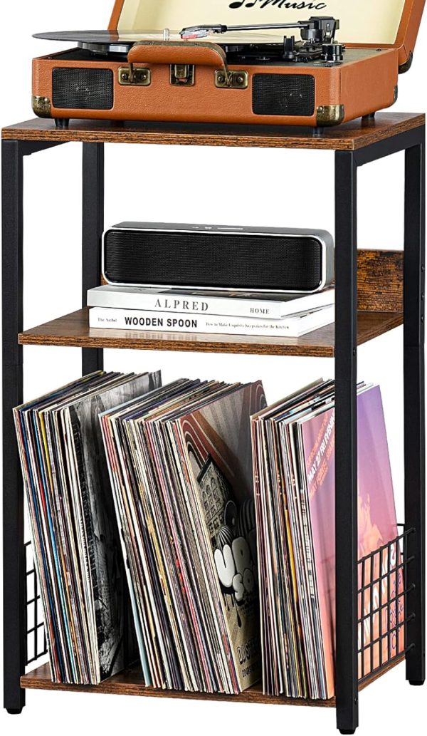 WF5707MAX_1 3 Tier End Table,Record Player Stand with Storage Up to 100 Albums,Turntable Stand for Vinyl,Brown Records Shelf for Living Room Bedroom