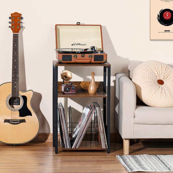 WF5707MAX_2 3 Tier End Table,Record Player Stand with Storage Up to 100 Albums,Turntable Stand for Vinyl,Brown Records Shelf for Living Room Bedroom