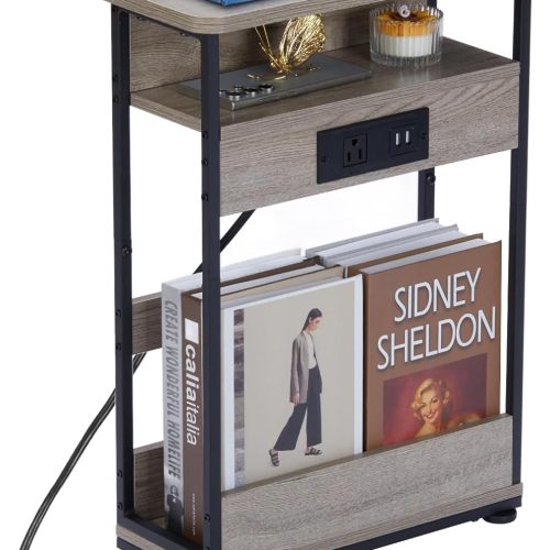 YEAKOO Narrow Side Table with Charging StationSmall Spaces Narrow End Table