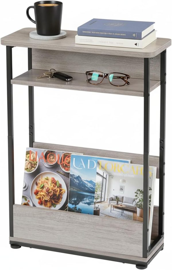 Narrow Side Table,3-Tier Slim End Table with Storage Shelf,Modern Sofa Table Thin Side Table for Narrow and Small Spaces, Skinny Bedside Table Small Nightstand with Magazine Rack Space Saving/Oak