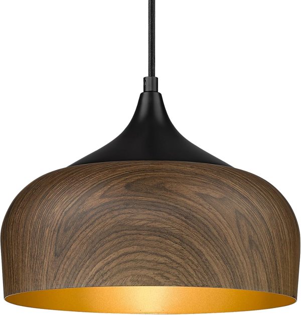 WF5945MAX_1 ELYONA Modern Bauhaus Pendant Light Walnut Wooden Pattern Dome Pendant Light Fixture Matte Black Metal Gold Inner Adjustable Hanging Lighting for Kitchen Island Dining Room Office Hallway Bedroom