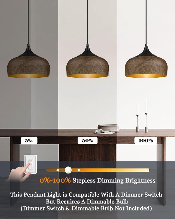 WF5945MAX_2 ELYONA Modern Bauhaus Pendant Light Walnut Wooden Pattern Dome Pendant Light Fixture Matte Black Metal Gold Inner Adjustable Hanging Lighting for Kitchen Island Dining Room Office Hallway Bedroom
