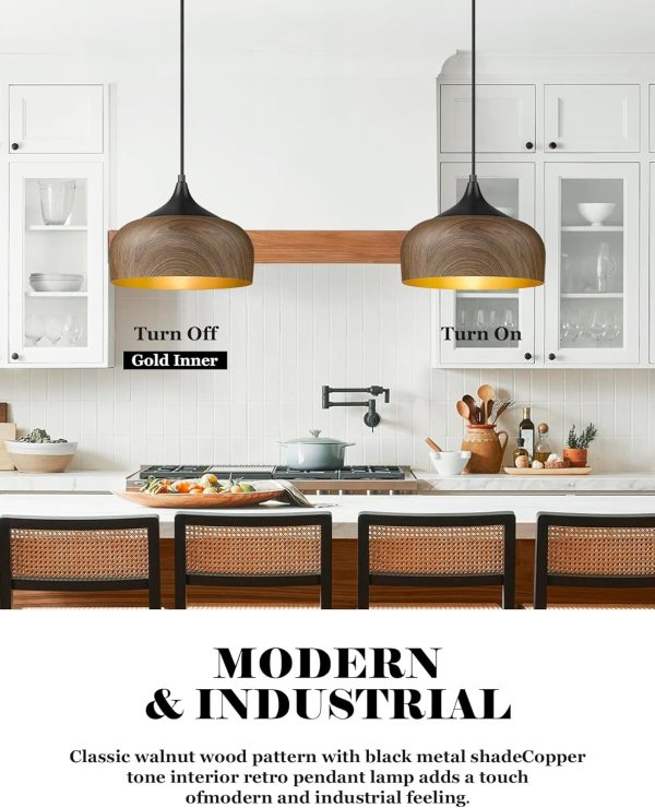 WF5945MAX_4 ELYONA Modern Bauhaus Pendant Light Walnut Wooden Pattern Dome Pendant Light Fixture Matte Black Metal Gold Inner Adjustable Hanging Lighting for Kitchen Island Dining Room Office Hallway Bedroom