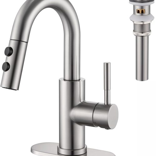 Bathroom Faucet with Sprayer, Brushed Nickel Single Hole with Pop-Up Drain