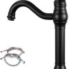 gotonovo Vintage Bathroom Vessel Sink Faucet, Matte Black, with Drain | Tall Bathroom Faucet 1 Hole Single Handle, 360° Swivel Spout, cUPC Water Lines, Lead-Free, for Farmhouse Vanity Washbasin RV