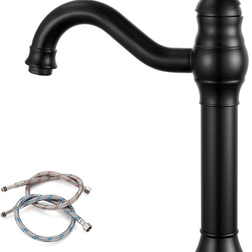 WF6178MAX_1 gotonovo Vintage Bathroom Vessel Sink Faucet, Matte Black, with Drain | Tall Bathroom Faucet 1 Hole Single Handle, 360° Swivel Spout, cUPC Water Lines, Lead-Free, for Farmhouse Vanity Washbasin RV