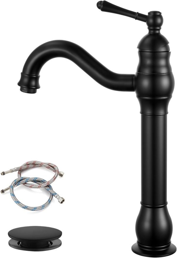 gotonovo Vintage Bathroom Vessel Sink Faucet, Matte Black, with Drain | Tall Bathroom Faucet 1 Hole Single Handle, 360° Swivel Spout, cUPC Water Lines, Lead-Free, for Farmhouse Vanity Washbasin RV