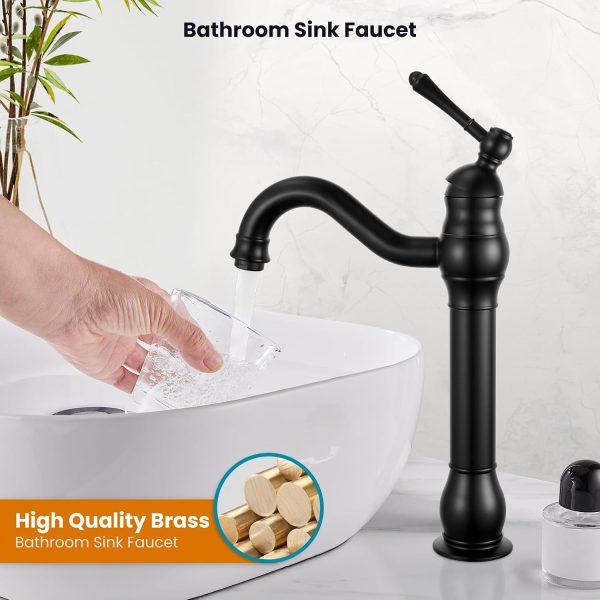 gotonovo Vintage Bathroom Vessel Sink Faucet, Matte Black, with Drain | Tall Bathroom Faucet 1 Hole Single Handle, 360° Swivel Spout, cUPC Water Lines, Lead-Free, for Farmhouse Vanity Washbasin RV