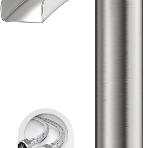 WF6181MAX_1 Phiestina Brushed Nickel Tall Bathroom Vessel Sink Faucet, Single Hole Single Handle Waterfall Modern Above Countertop Sink Bathroom Faucet, with Pop Up Drain and Water Supply Line, NS-SF01-BN-V