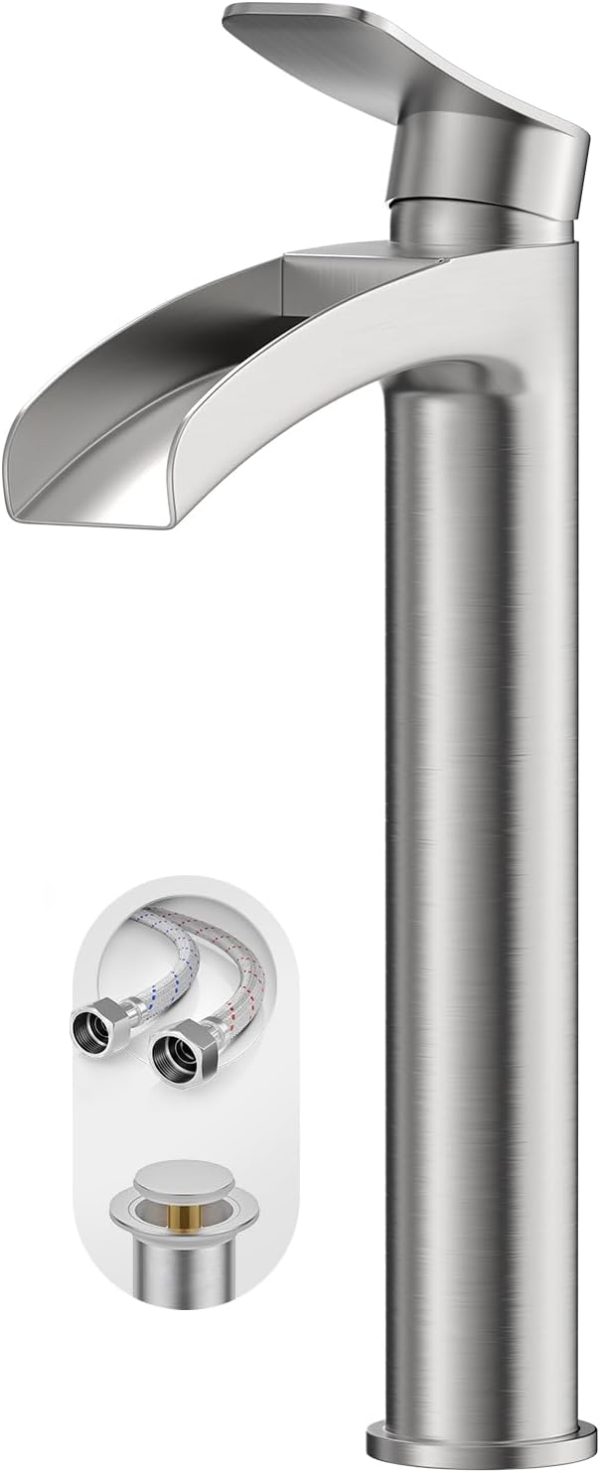 WF6181MAX_1 Phiestina Brushed Nickel Tall Bathroom Vessel Sink Faucet, Single Hole Single Handle Waterfall Modern Above Countertop Sink Bathroom Faucet, with Pop Up Drain and Water Supply Line, NS-SF01-BN-V