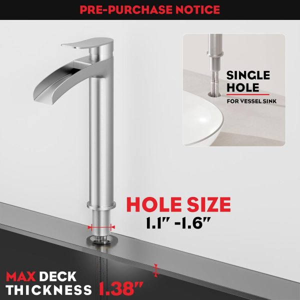 WF6181MAX_2 Phiestina Brushed Nickel Tall Bathroom Vessel Sink Faucet, Single Hole Single Handle Waterfall Modern Above Countertop Sink Bathroom Faucet, with Pop Up Drain and Water Supply Line, NS-SF01-BN-V