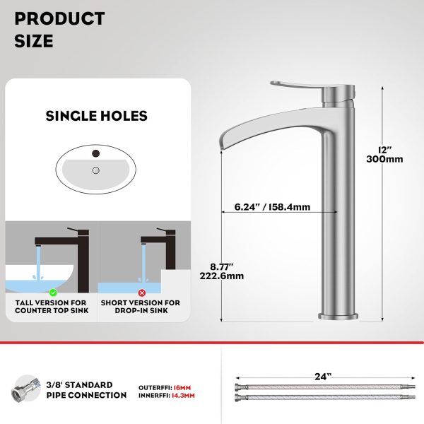 WF6181MAX_3 Phiestina Brushed Nickel Tall Bathroom Vessel Sink Faucet, Single Hole Single Handle Waterfall Modern Above Countertop Sink Bathroom Faucet, with Pop Up Drain and Water Supply Line, NS-SF01-BN-V