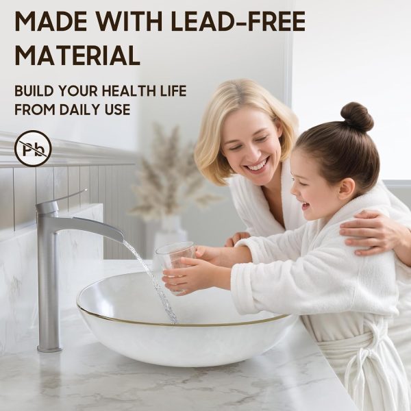 WF6181MAX_4 Phiestina Brushed Nickel Tall Bathroom Vessel Sink Faucet, Single Hole Single Handle Waterfall Modern Above Countertop Sink Bathroom Faucet, with Pop Up Drain and Water Supply Line, NS-SF01-BN-V