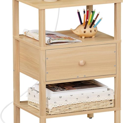 Lerliuo Nightstand with Charging Station, 3 Tier Storage End Table | USB Ports, Durable All Wooden Night Stand for Small, Drawer and Shelf, Durable Bedside Table for Living Room, Bedroom