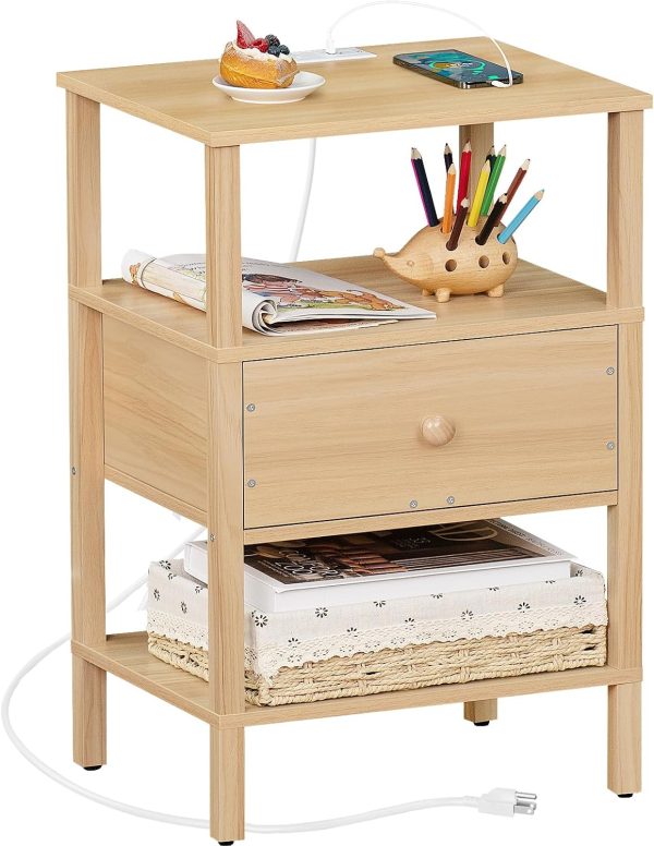 WF6380MAX_1 Lerliuo Nightstand with Charging Station, 3 Tier Storage End Table | USB Ports, Durable All Wooden Night Stand for Small, Drawer and Shelf, Durable Bedside Table for Living Room, Bedroom