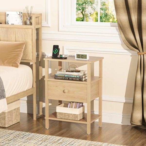 WF6380MAX_2 Lerliuo Nightstand with Charging Station, 3 Tier Storage End Table | USB Ports, Durable All Wooden Night Stand for Small, Drawer and Shelf, Durable Bedside Table for Living Room, Bedroom