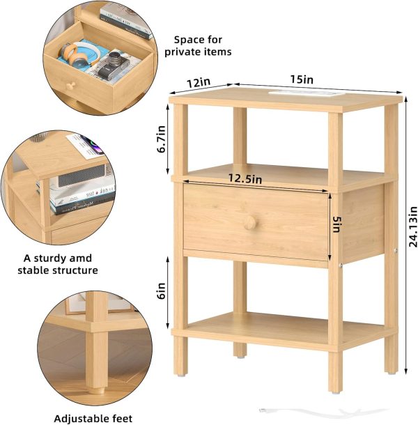 WF6380MAX_3 Lerliuo Nightstand with Charging Station, 3 Tier Storage End Table | USB Ports, Durable All Wooden Night Stand for Small, Drawer and Shelf, Durable Bedside Table for Living Room, Bedroom