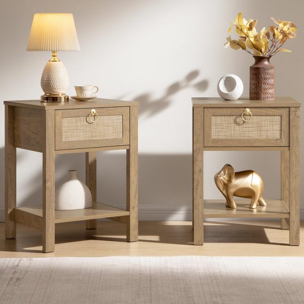 WF6391MAX_1 SICOTAS Rattan Nightstand Set of 2 with Storage Shelf, Boho Bedside Tables | Night Stand Set of 2 with Rattan Drawer, Boho End Tables with Storage for Bedroom, Guest Room, Apartment, and Small Spaces