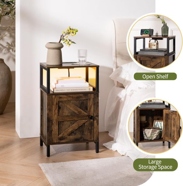 Yoobure Farmhouse Nightstand with Charging Station, Night Stand Barn Door