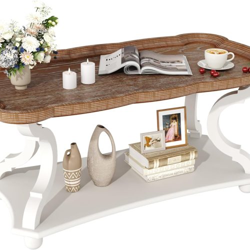 Function Home Farmhouse Coffee Table, 2-Tier Center Table with Storage Shelf, 39.8" French Country Rectangle Accent Table with Natural Tray Top and Curved Legs for Living Room Balcony, Vintage White
