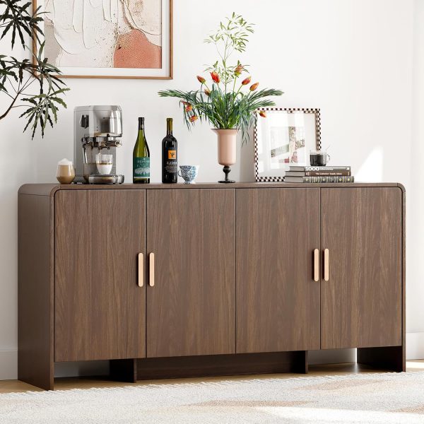 60" Sideboard Buffet Cabinet with Adjustable Shelves Storage,Walnut | Curved Design Sideboard with 4 Doors & 4-Tier Shelving Meets Various Needs,Mid Century Modern,for Living Room,Kitchen,Hallway