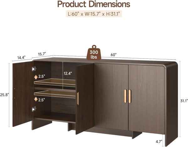 60" Sideboard Buffet Cabinet with Adjustable Shelves Storage,Walnut | Curved Design Sideboard with 4 Doors & 4-Tier Shelving Meets Various Needs,Mid Century Modern,for Living Room,Kitchen,Hallway