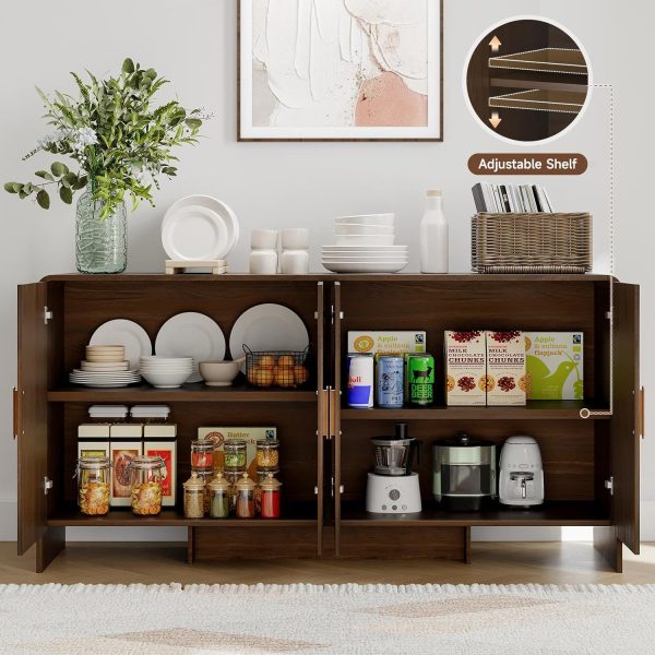 60" Sideboard Buffet Cabinet with Adjustable Shelves Storage,Walnut | Curved Design Sideboard with 4 Doors & 4-Tier Shelving Meets Various Needs,Mid Century Modern,for Living Room,Kitchen,Hallway