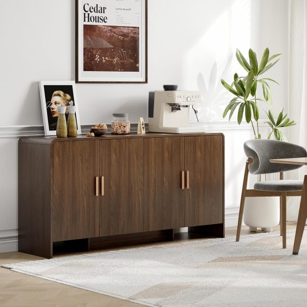 60" Sideboard Buffet Cabinet with Adjustable Shelves Storage,Walnut | Curved Design Sideboard with 4 Doors & 4-Tier Shelving Meets Various Needs,Mid Century Modern,for Living Room,Kitchen,Hallway