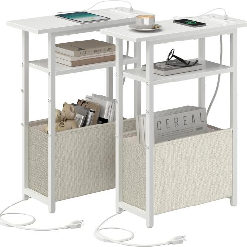 sthmec Narrow Side Table with Charging Station Set of 2, Small End Table for Small Spaces, Skinny Nightstands Set 2 with Storage Basket, 3 Tier Sofa Bedside Tables for Living Room,Bedroom, White