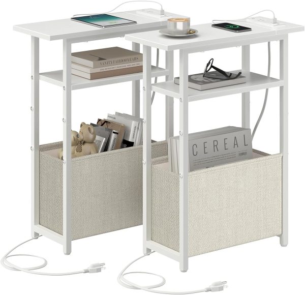 sthmec Narrow Side Table with Charging Station Set of 2, Small End Table for Small Spaces, Skinny Nightstands Set 2 with Storage Basket, 3 Tier Sofa Bedside Tables for Living Room,Bedroom, White