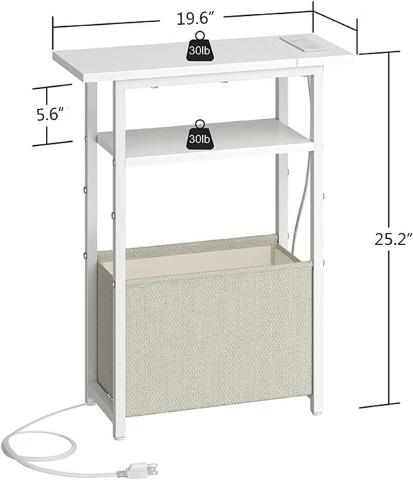 sthmec Narrow Side Table with Charging Station Set of 2, Small End Table for Small Spaces, Skinny Nightstands Set 2 with Storage Basket, 3 Tier Sofa Bedside Tables for Living Room,Bedroom, White