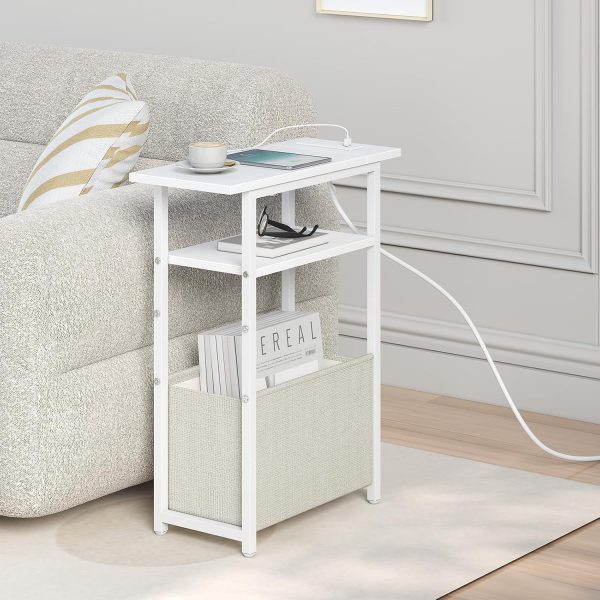 sthmec Narrow Side Table with Charging Station Set of 2, Small End Table for Small Spaces, Skinny Nightstands Set 2 with Storage Basket, 3 Tier Sofa Bedside Tables for Living Room,Bedroom, White