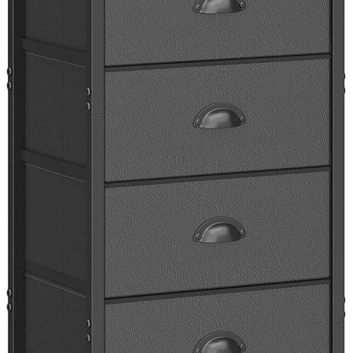 sthmec Nightstand with Charging Station,LED Black Nightstands with 5 Fabric Drawers PU Finish, Bedside End Tables, 2-Tier Open Storage Shelf Side Table Nightstand with Drawers for Bedroom, Black